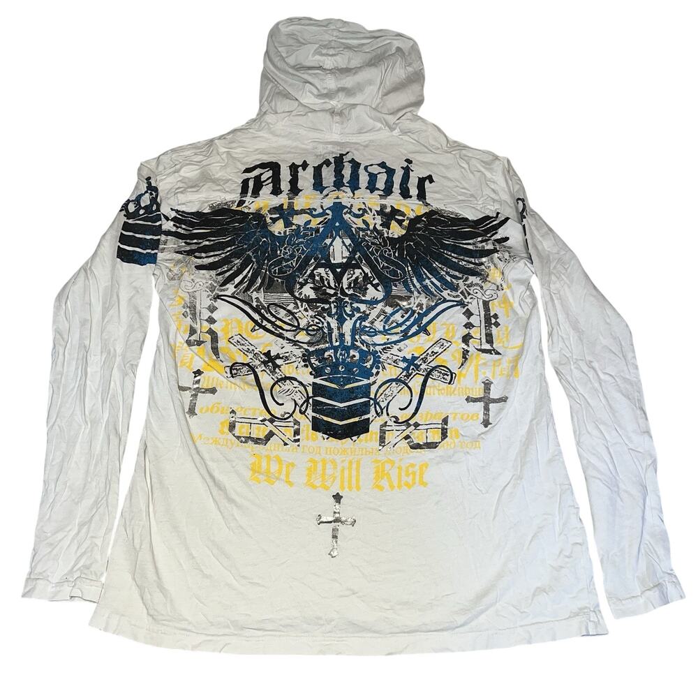 Archaic Affliction Y2K Graphic Grunge Goth Cross Button Pullover Hoodie Shirt L